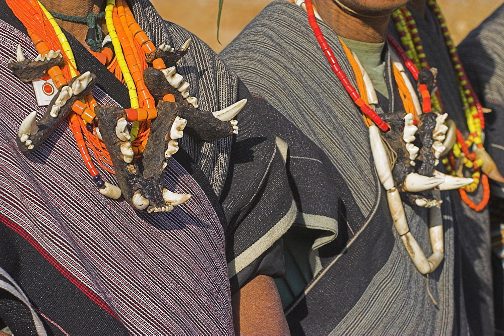 Naga men wearing tiger jaw necklace, Naga New Year Festival, Lahe village, Sagaing Division, Myanmar (Burma), Asia