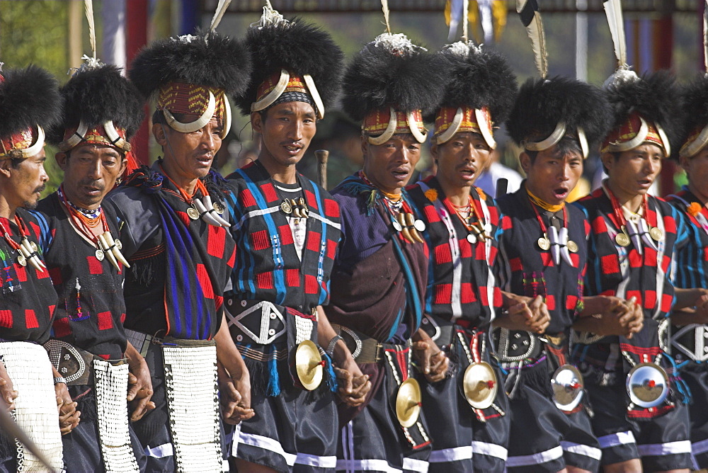 Naga tribal groups lined up in traditional clothes waiting for the arrival of the General, wearing headdress made of woven cane decorated with wildboar teeth, bear fur and topped with hornbill feather, with bear teeth necklaces, also wearing aprons decorated with cowrie shells, Naga New Year Festival, Lahe village, Sagaing Division, Myanmar (Burma), Asia