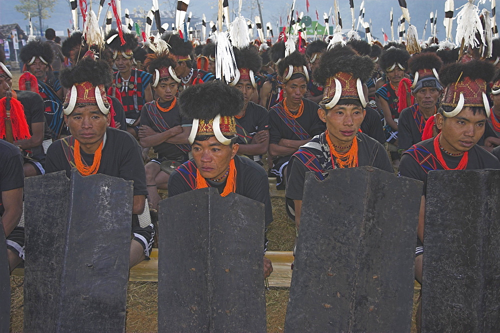 Naga tribes sitting on bench seating with shields whilst the dignitaries make their speeches, they wear headdress made of woven cane decorated with wild boar teeth, bear fur and topped with s hornbill feather, Naga New Year Festival, Lahe village, Sagaing Division, Myanmar (Burma), Asia