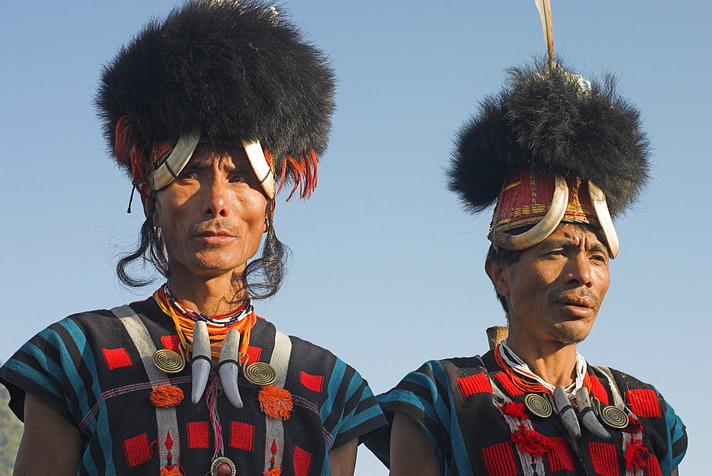 Naga men wearing headdress made of woven cane decorated with wild boar teeth, bear fur, red dyed goats hair topped with hornbill feather, and wearing tiger teeth necklace, Naga New Year Festival, Lahe village, Sagaing Division, Myanmar (Burma), Asia