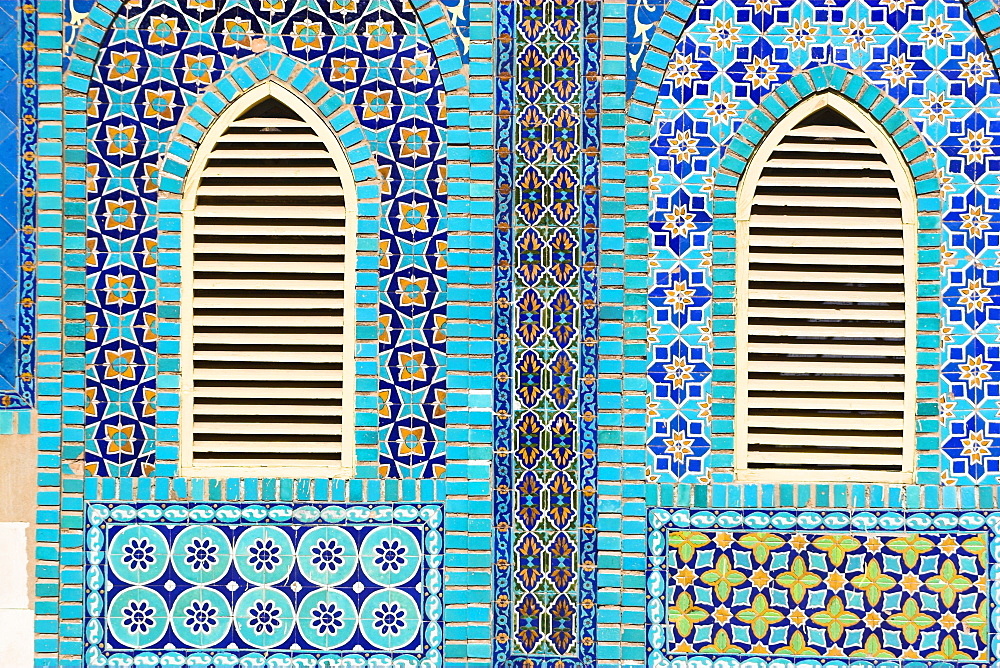 Tiling round shuttered windows, Shrine of Hazrat Ali, who was assissinated in 661, Mazar-I-Sharif, Balkh province, Afghanistan, Asia