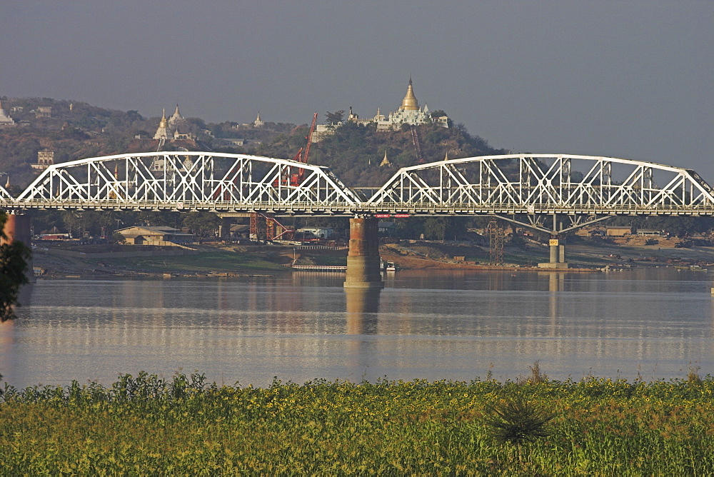 The 16 span Ava Bridge across the Ayeyarwaddy River engineered by the British in 1934, ancient city of Inwa (Ava), Mandalay, Myanmar (Burma), Asia