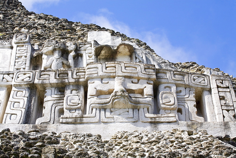 Frieze on the 130ft high El Castillo at the Mayan ruins at Xunantunich, San Ignacio, Belize, Central America