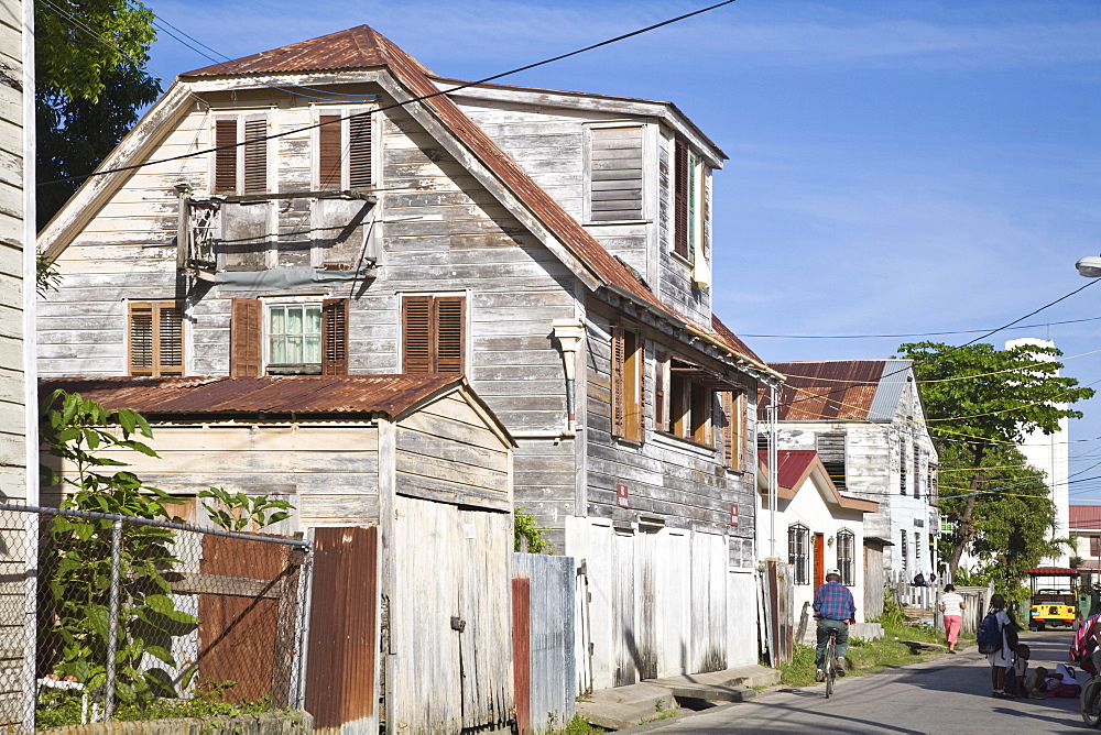 Street with wooden colonial buildings, Fort George District, Belize City, Belize, Central America