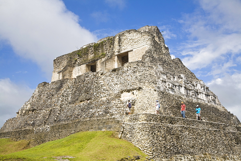 Tourists on the 130ft high El Castillo, Xunantunich Ruins, San Ignacio, Belize, Central America