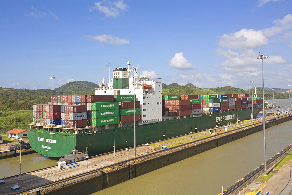 Container ship in Miraflores Locks, Panama Canal, Panama, Central America