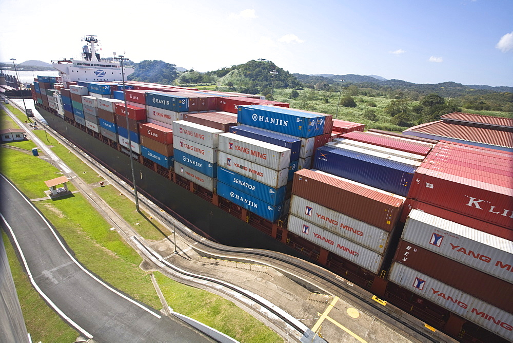 Container ship in Miraflores Locks, Panama Canal, Panama, Central America