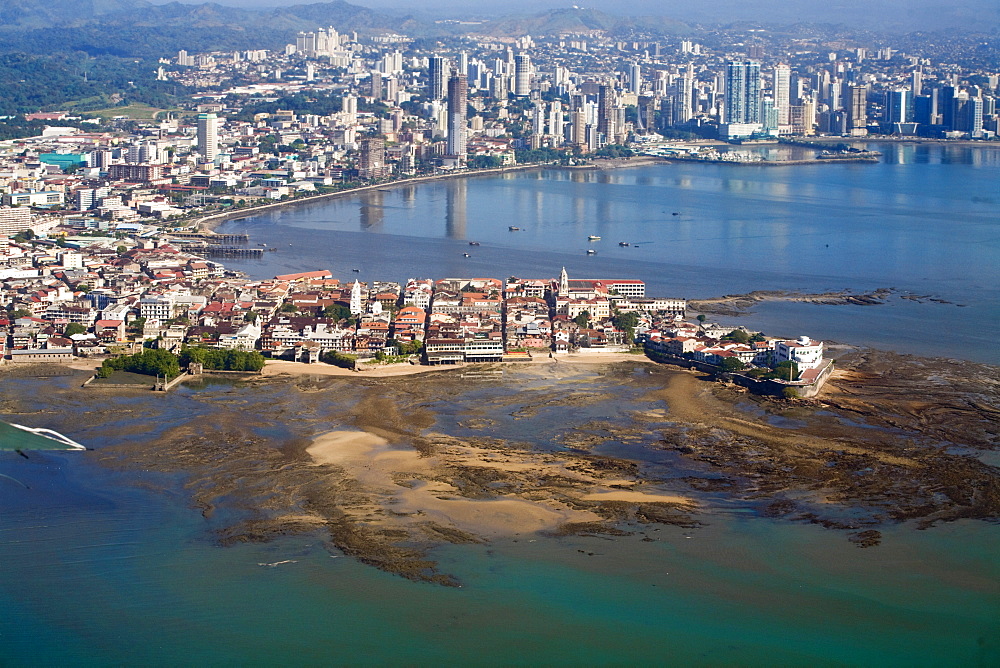 Aerial view of city showing  the old town of Casco Viejo also known as San Felipe and Panama Bay, Panama City, Panama, Central America