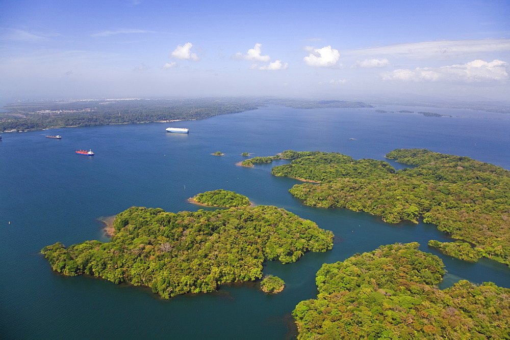 Container ships on Gatun Lake heading for Gatun Locks, Panama Canal, Panama, Central America