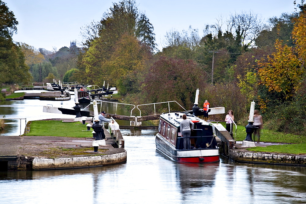 Hatton Locks on the Grand Union Canal, known as the Boaters stairway to heaven, Hatton, Warwickshire, England, United Kingdom, Europe