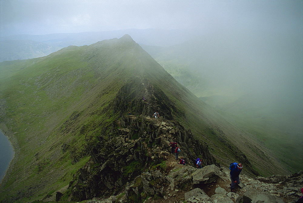 Hikers on Striding Edge, from Helvellyn, Lake District National Park, Cumbria, England, United Kingdom, Europe