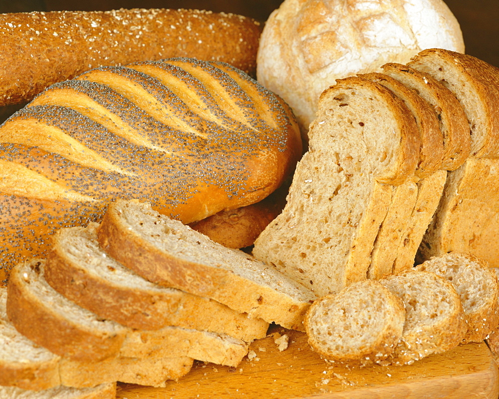 Bread loaves and slices of bread