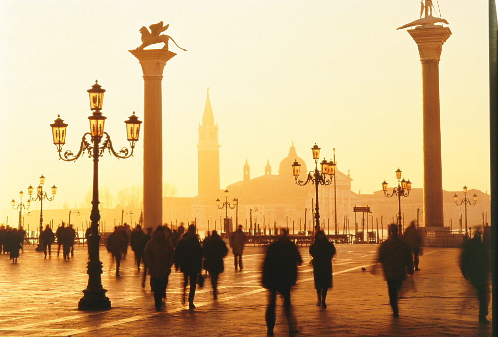 Sunrise in St. Mark's Square, San Giorgio Maggiore in background, Venice, Veneto, Italy