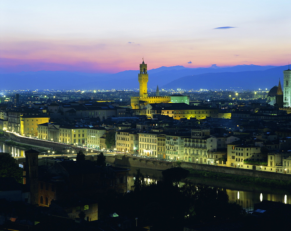 View over city at night from Piazzale Michelangelo, Florence, Tuscany, Italy, Europe