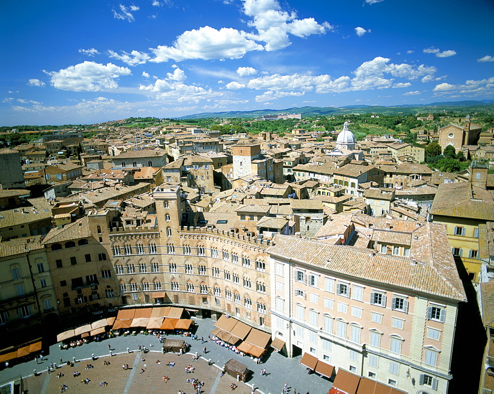 View over rooftops from the Torre Mangia in Piazza del Campo, Siena, Tuscany, Italy, Europe