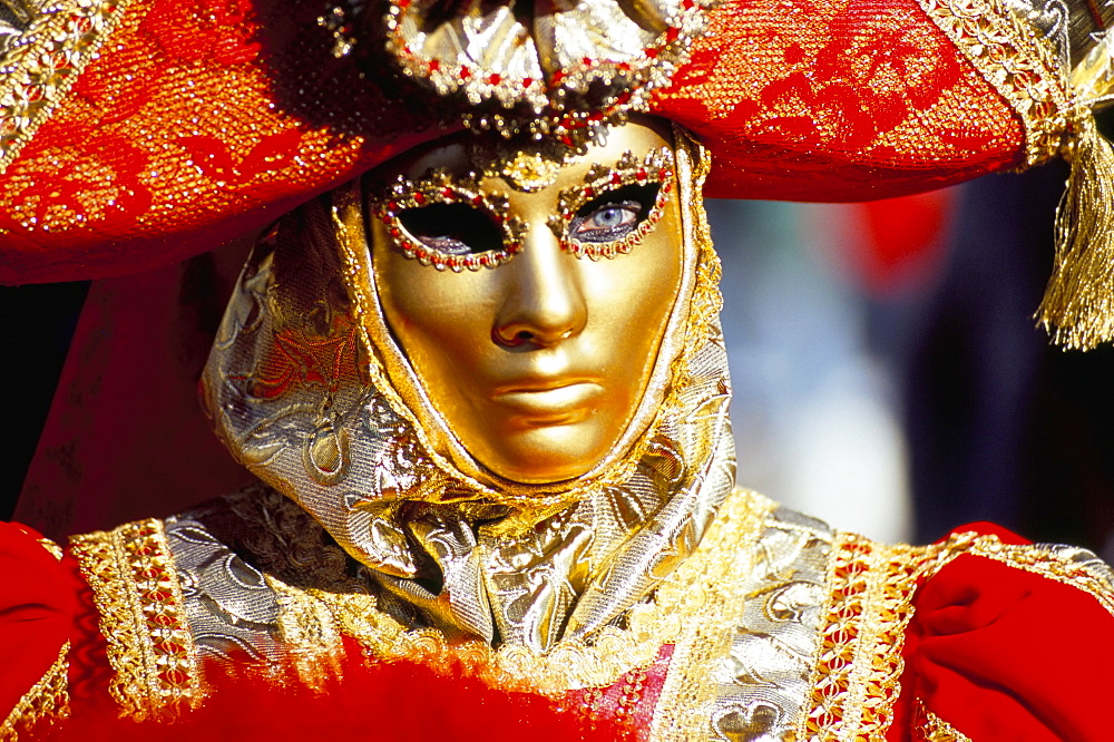 Portrait of a person dressed in mask and costume taking part in Carnival, Venice Carnival, Venice, Veneto, Italy, Europe