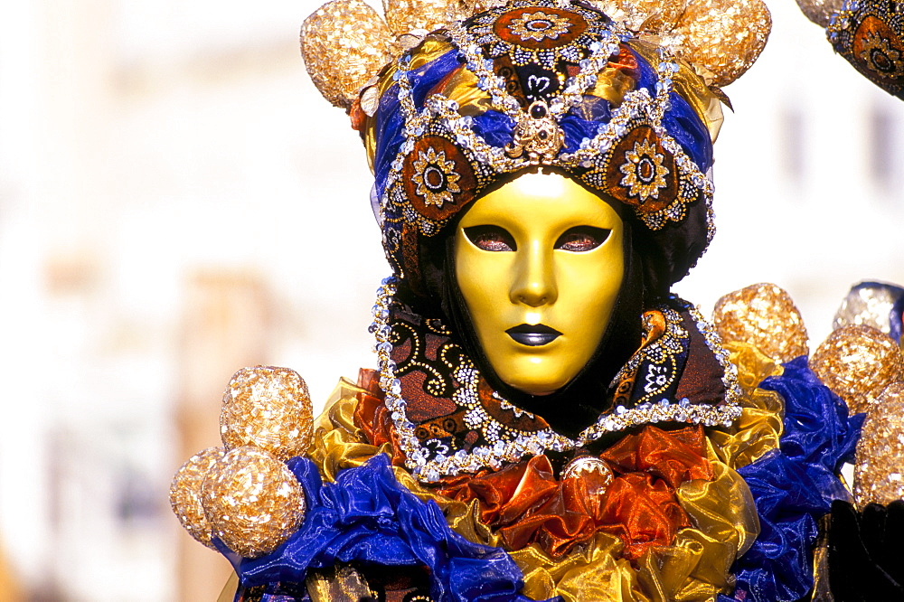 Portrait of a person dressed in mask and costume taking part in Carnival, Venice Carnival, Venice, Veneto, Italy, Europe