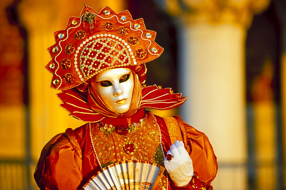 Portrait of a person dressed in mask and costume taking part in Carnival, Venice Carnival, Venice, Veneto, Italy, Europe