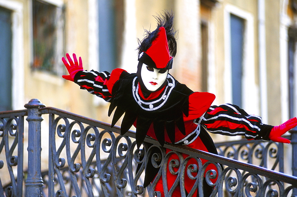 Portrait of a person dressed in mask and costume taking part in Carnival, Venice Carnival, Venice, Veneto, Italy, Europe