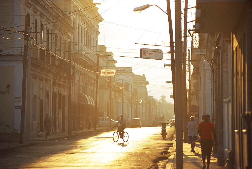 Street scene at dawn, Cienfuegos, Cuba, West Indies, Central America