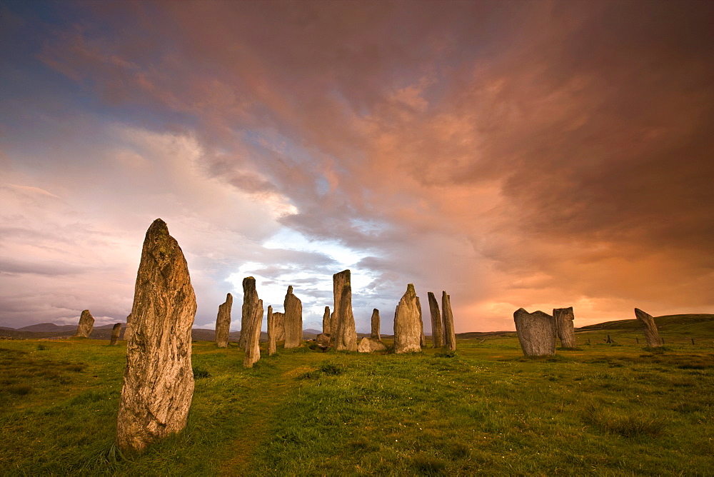 Standing Stones of Callanish at dawn, Callanish, near Carloway, Isle of Lewis, Outer Hebrides, Scotland, United Kingdom, Europe