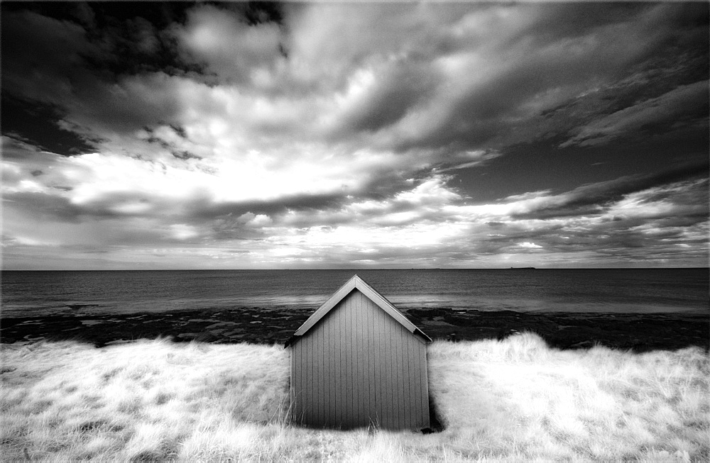 Infrared image of hut in dunes overlooking the North Sea, Bamburgh, Northumberland, England, United Kingdom, Europe