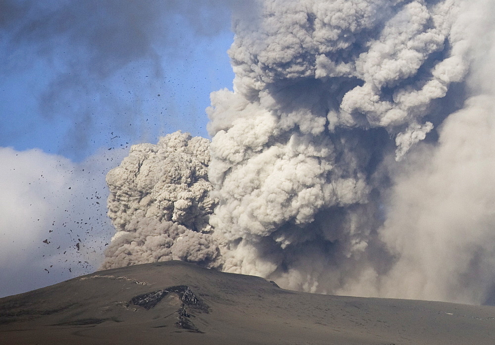 Eyjafjallajokull eruption showing billowing ash plume and rocks exploding into the sky of southern Iceland, Iceland, Polar Regions