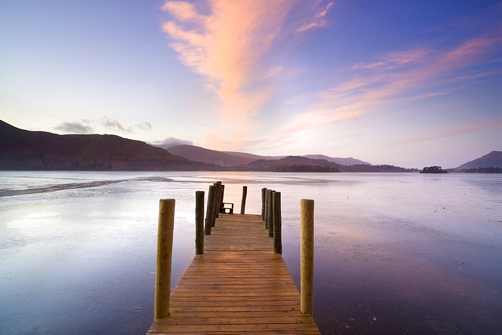 Jetty and Derwentwater at sunset, near Keswick, Lake District National Park, Cumbria, England, United Kingdom, Europe