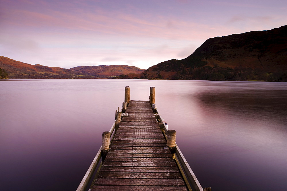 Jetty on Ullswater at dawn, Glenridding Village, Lake District National Park, Cumbria, England, United Kingdom, Europe