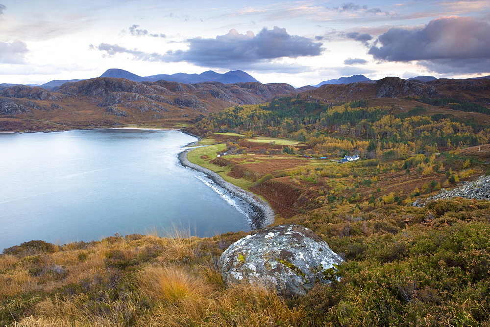 View over Gruinard Bay at dusk, near Mellon Udrigle, Wester Ross, Highlands, Scotland, United Kingdom, Europe