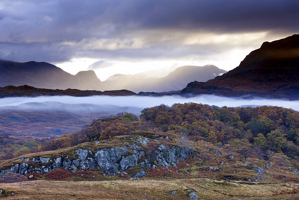 Early morning mist hanging over woodland and moorland near Loch Maree, Poolewe, Achnasheen, Wester Ross, Highlands, Scotland, United Kingdom, Europe