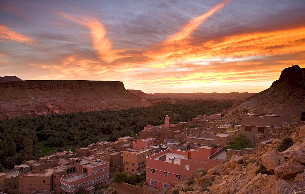 Sunrise over a village near the town of Tinerhir on the road to the Todra Gorge, Tinerhir, Morocco, North Africa, Africa