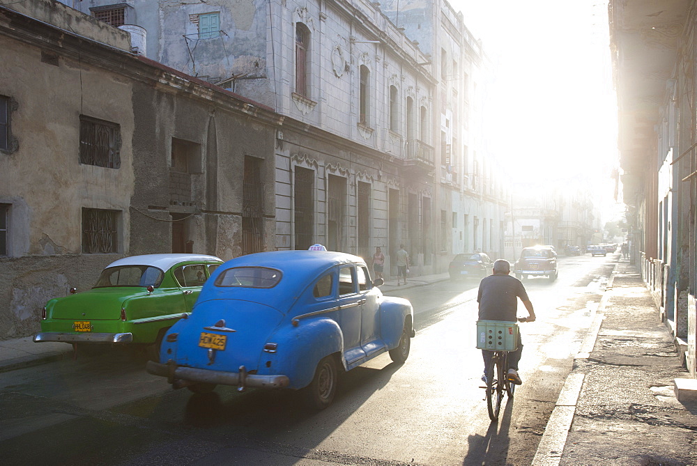 Street scene bathed in early morning sunlight showing old American cars and cyclists, Havana, Cuba, West Indies, Central America