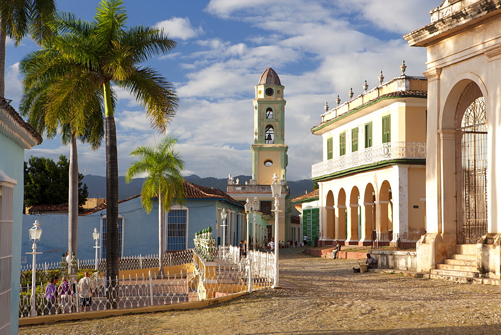 View across Plaza Mayor towards the tower of Iglesia y Convento de San Francisco, Trinidad, UNESCO World Heritage Site, Cuba, West Indies, Central America