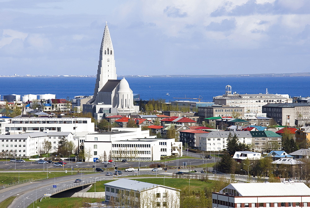 View of central Reykjavik from Perlan showing the modern church of Hallgrimskirkja, Reykjavik, Iceland, Polar Regions