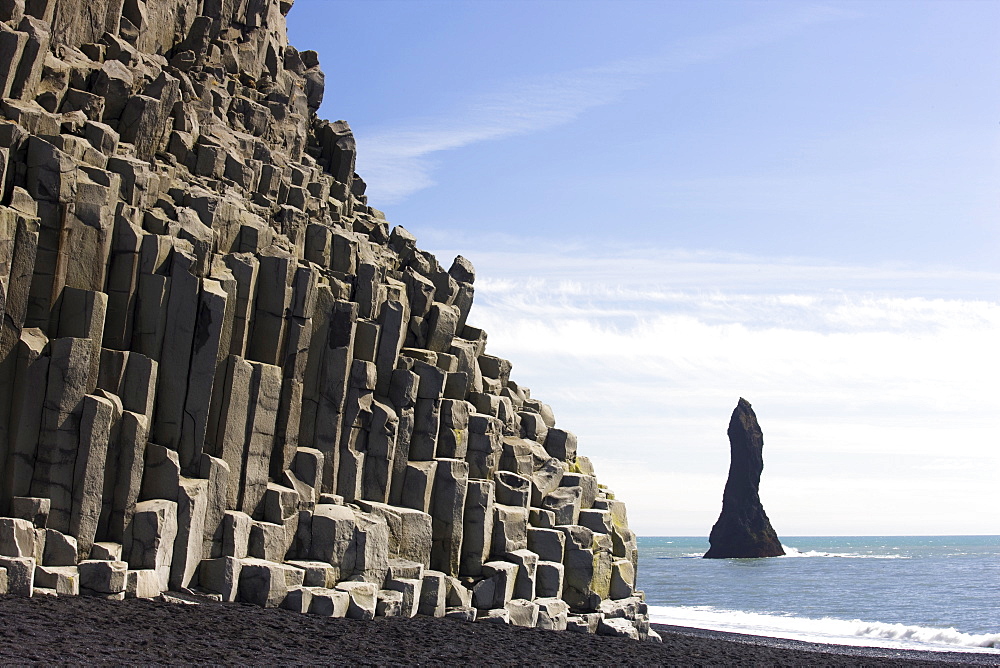 Basalt cliffs and rock stack, Halsenifs Hellir Beach, near Vik i Myrdal, South Iceland, Iceland, Polar Regions