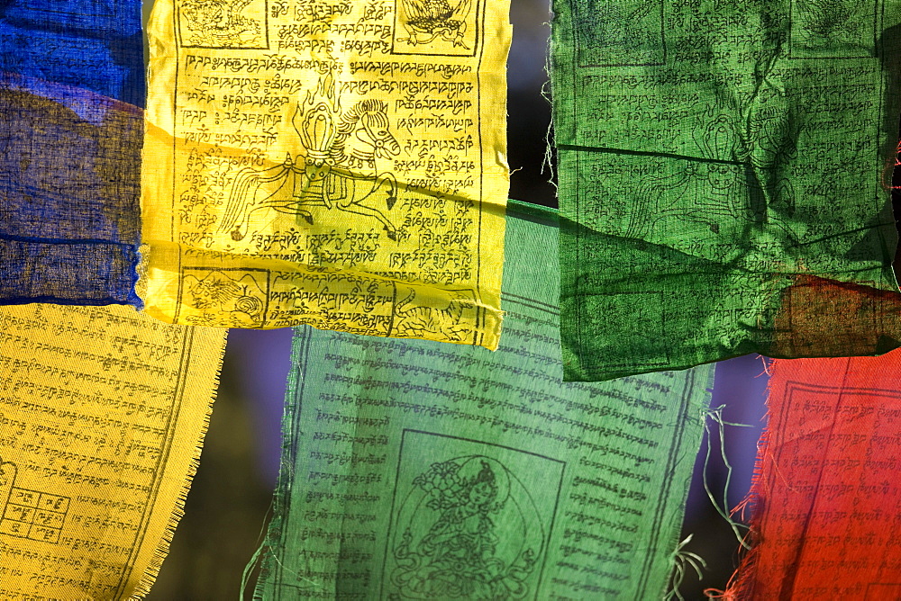 Backlit prayer flags on the walk to the Taktshang Goemba (Tiger's Nest Monastery), Paro Valley, Bhutan, Asia