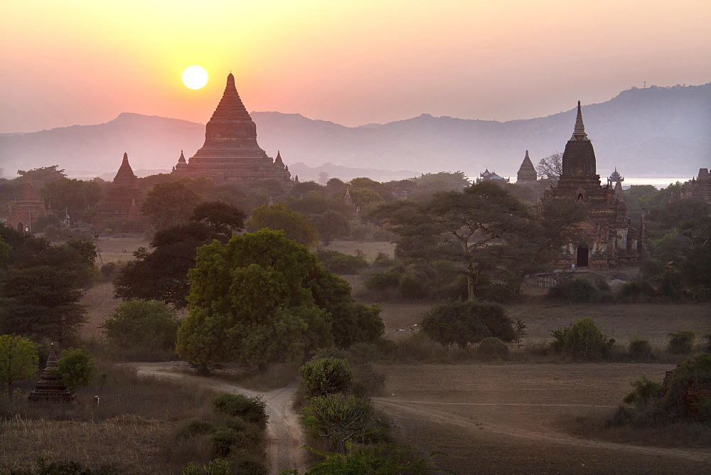 View over the temples of Bagan at sunset, from Shwesandaw Paya, Bagan, Myanmar (Burma), Southeast Asia