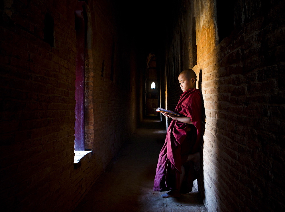 Novice Buddhist monk reading Buddhist scriptures in the light of a window in one of the many temples of Bagan, Myanmar (Burma), Asia