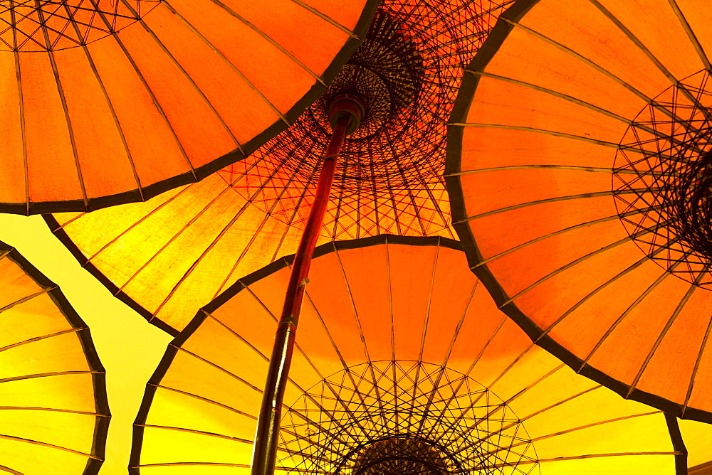 Colourful yellow and orange parasols backlight, Bagan, Myanmar (Burma), Southeast Asia