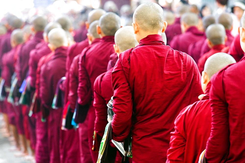 Buddhist monks queuing for a meal at Mahagandayon Monastery, where some 2000 monks are fed daily, Mandalay, Myanmar (Burma), Southewast Asia