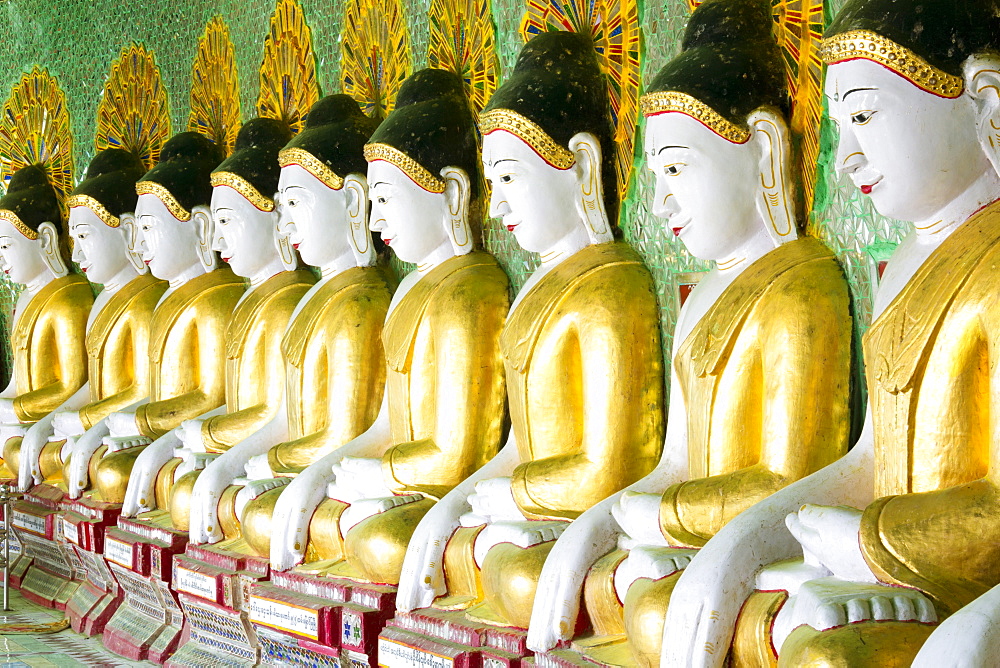 Some of the 45 Buddha images found at a crescent-shaped colonnade at Umin Thounzeh on Sagaing Hill, near Mandalay, Myanmar (Burma), Asia 