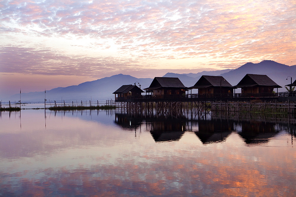 Golden Island Cottages at sunrise, tourist accommodation on Inle Lake, Myanmar (Burma)