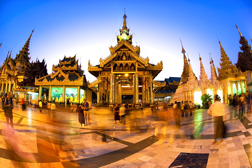 Fisheye shot at night of temples at Shwedagon Paya (Pagoda), Yangon (Rangoon), Myanmar (Burma), Asia