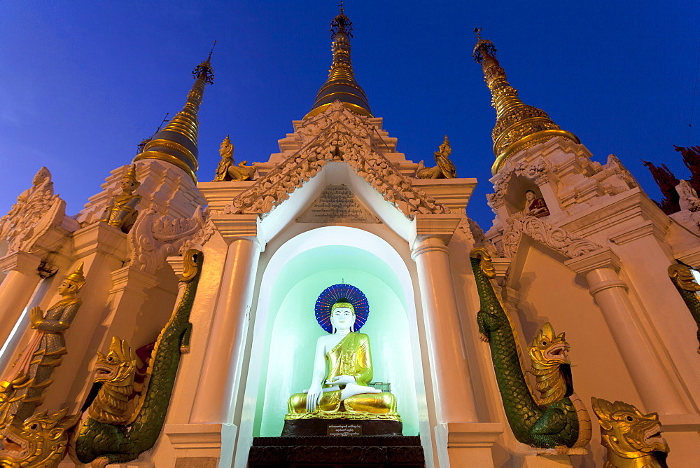 Temple at Shwedagon Paya (Pagoda) floodlit at night, Yangon (Rangoon), Myanmar (Burma), Asia