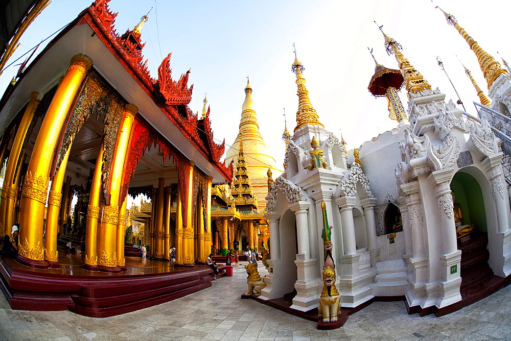 Fisheye image of temples and shrines at Shwedagon Paya (Pagoda), Yangon (Rangoon), Myanmar (Burma), Asia