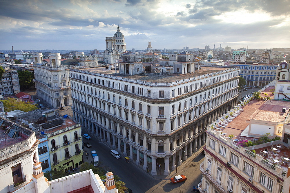 View over rooftops of Havana during late afternoon towards The Capitolio from the roof of the Bacardi Building, Havana Centro, Cuba