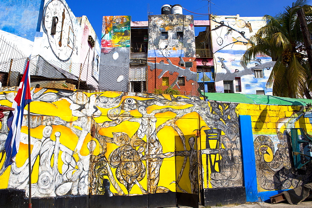 Walls painted with Afro-Caribbean art, Callejon de Hamel, a neighborhood in Havana, Cuba, West Indies, Central America