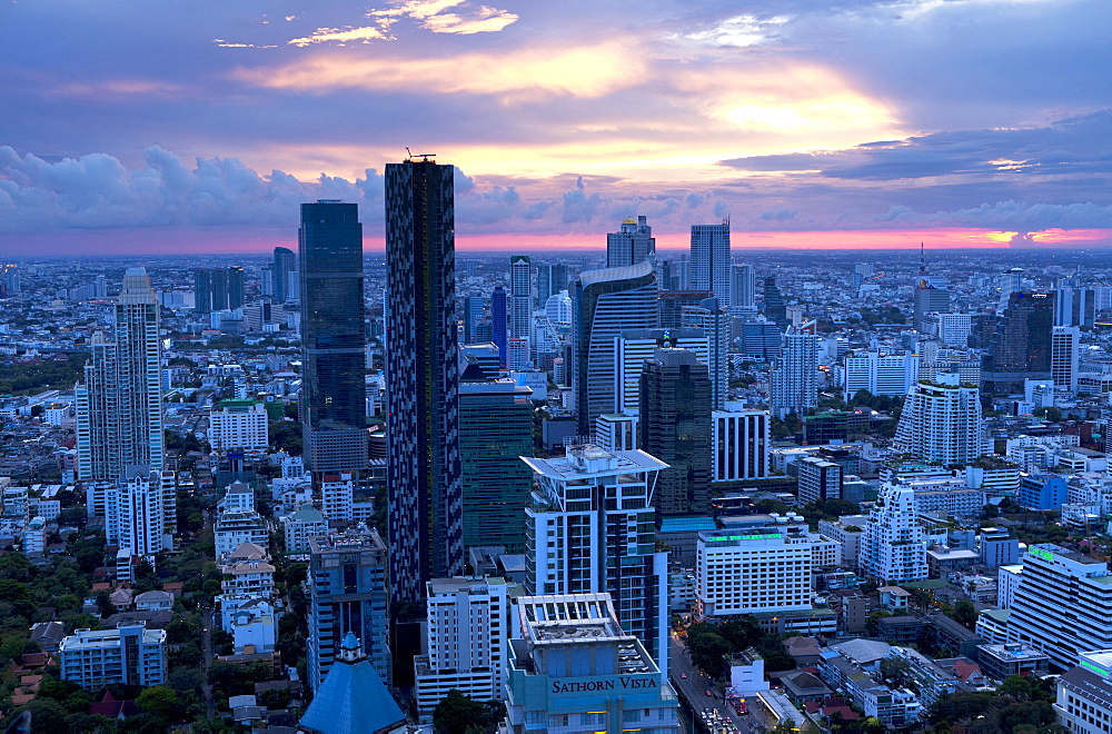 View over Bangkok at sunset from the Vertigo Bar on the roof the Banyan Tree Hotel, Bangkok, Thailand, Southeast Asia, Asia