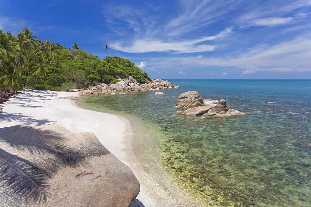 Private secluded beach fringed by palm trees at the Silavadee Pool Spa Resort near Lamai, Koh Samui, Thailand, Southeast Asia, Asia